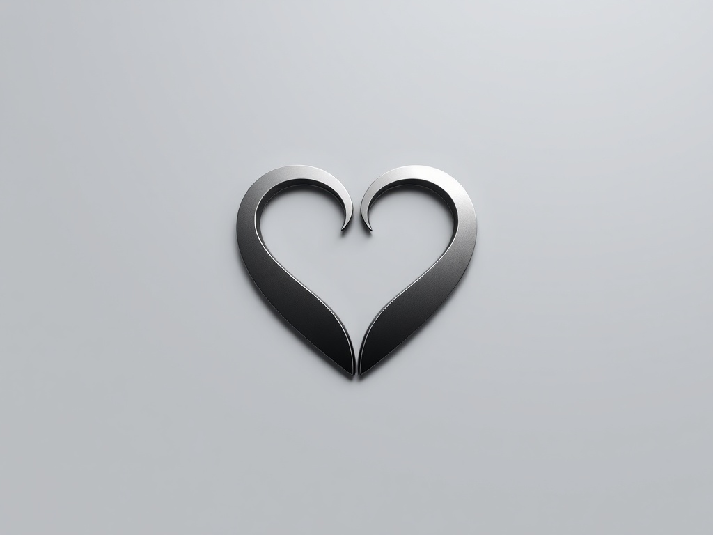A sleek logo mark of two abstract figures forming a heart, metallic finish, clean lines, photorealistic, 8k, commercial photography style.
